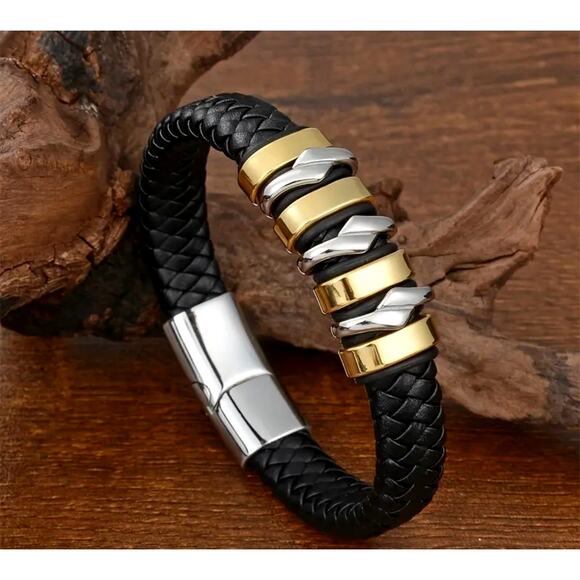 Unisex Handcrafted Braided Faux Leather Magnetic Clasp Bracelet Golden on Black - Picture 1 of 5